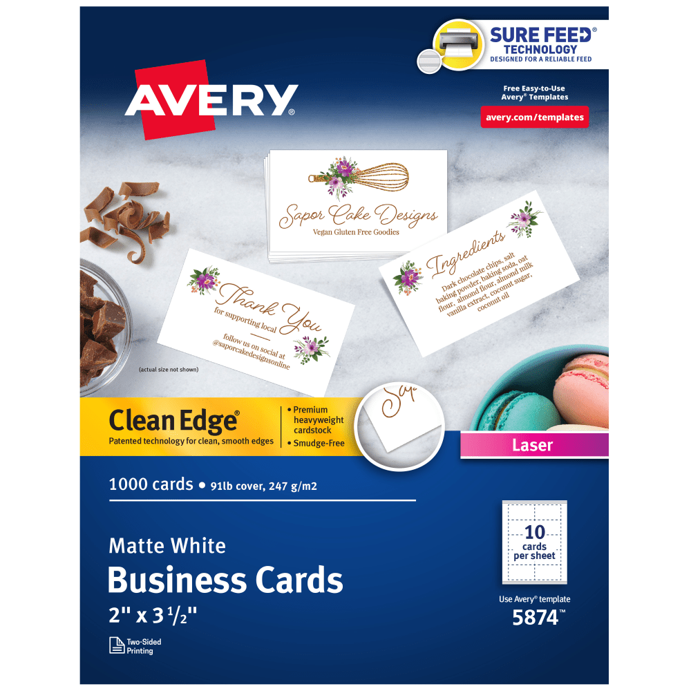 Avery Clean Edge Printable Business Cards With Sure Feed Technology For Laser Printers, 2in x 3.5in, White, 1,000 Blank Cards