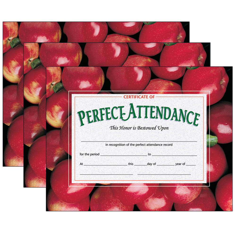 Hayes Certificates, 8-1/2in x 11in, Perfect Attendance, Apples, 30 Certificates Per Pack, Set Of 3 Packs