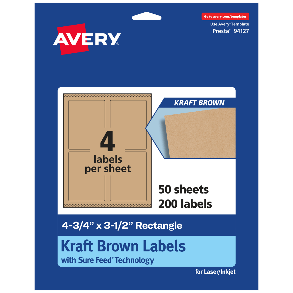 Avery Kraft Permanent Labels With Sure Feed, 94127-KMP50, Rectangle, 4-3/4in x 3-1/2in, Brown, Pack Of 200