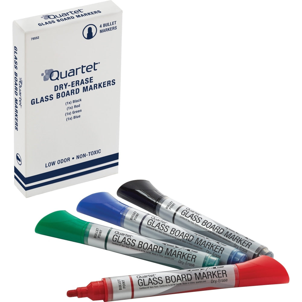 Quartet Premium Glass Board Dry-Erase Markers, Bullet Tip, Assorted Colors, 4 Pack - Bullet Marker Point Style - Black, Blue, Red, Green - 4 / Pack