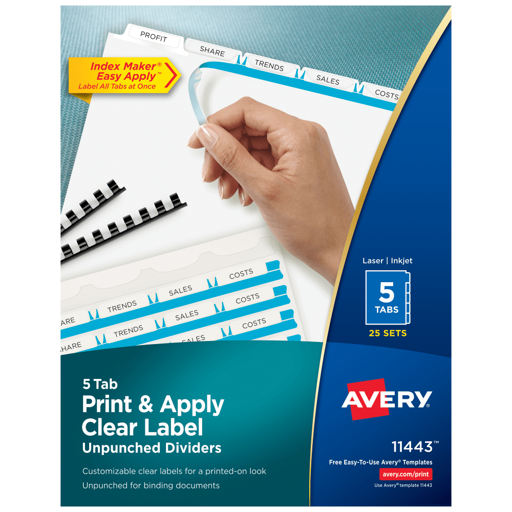 Avery Unpunched Customizable Dividers For Use With Any Binding System With Index Maker Easy Print & Apply Clear Label Strip, 5 Tab, White, Pack Of 25 Sets