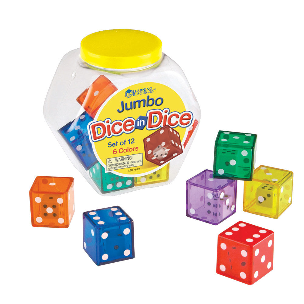 Learning Resources Jumbo Dice-In-Dice, 1 1/4inH x 1 1/4inW x 1 1/4inD, Assorted Colors, Grades K - 5, Pack Of 12