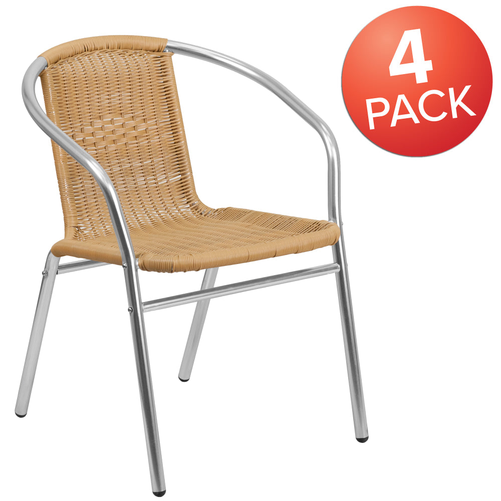 Flash Furniture Lila Rattan Commercial Indoor/Outdoor Restaurant Stack Chairs, Beige/Gray, Set Of 4 Chairs