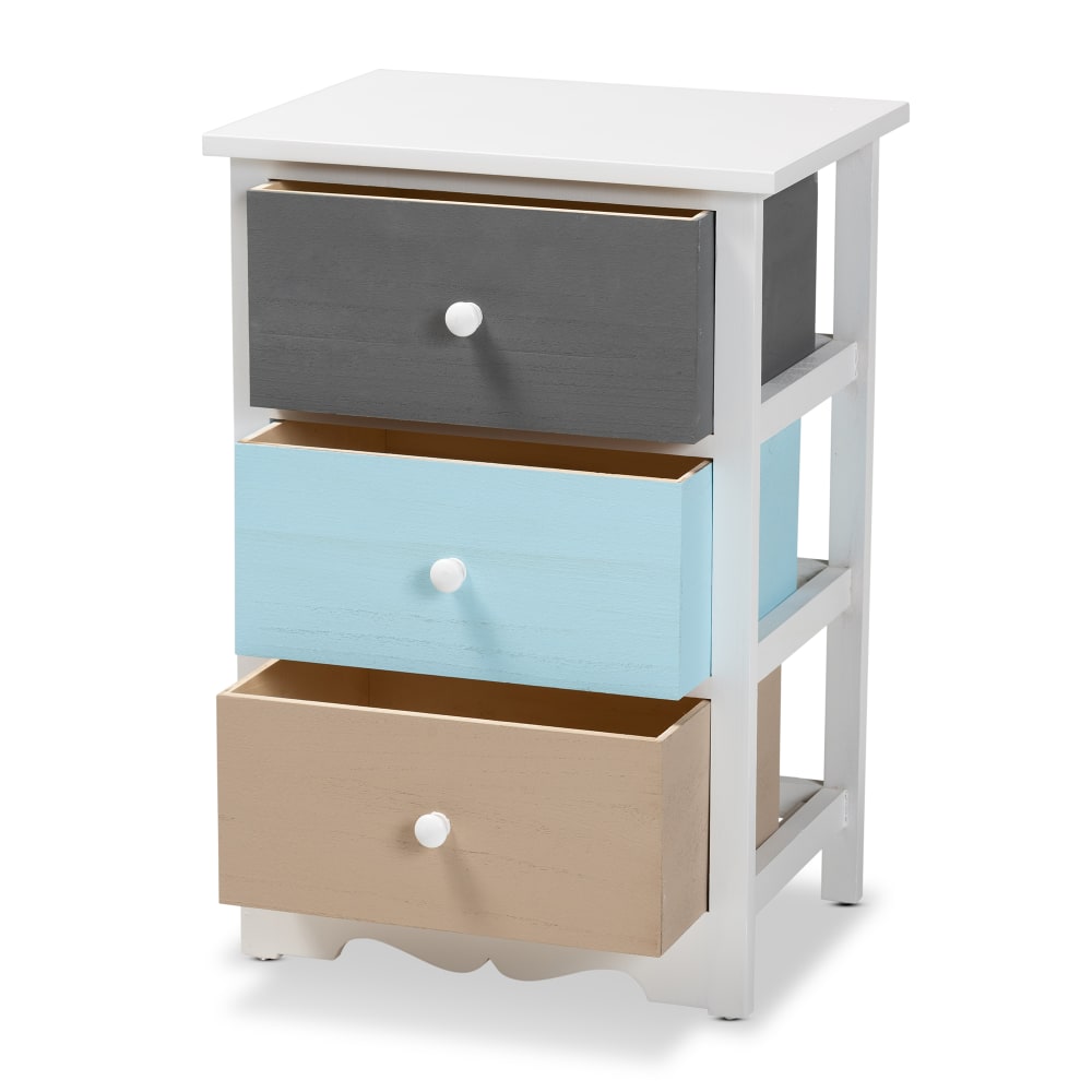 Baxton Studio Kalila 3-Drawer Nightstand, White/Multicolor