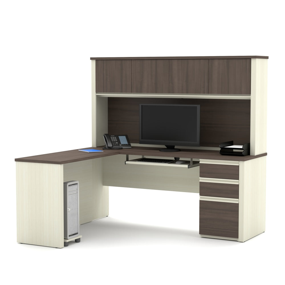 Bestar Prestige + 72inW L-Shaped Corner Desk With Pedestal And Hutch, White Chocolate/Antigua