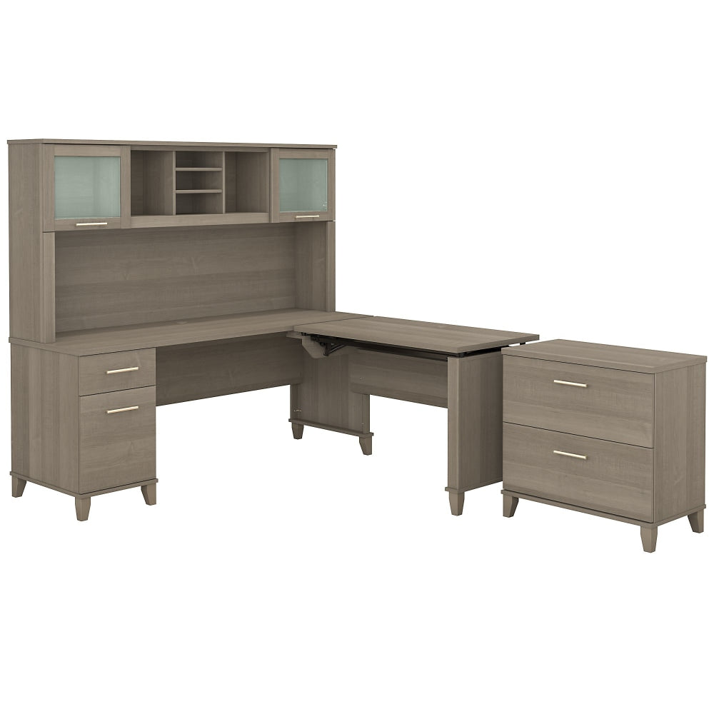 Bush Furniture Somerset 72inW 3 Position Sit to Stand L Shaped Desk With Hutch And File Cabinet, Ash Gray, Standard Delivery