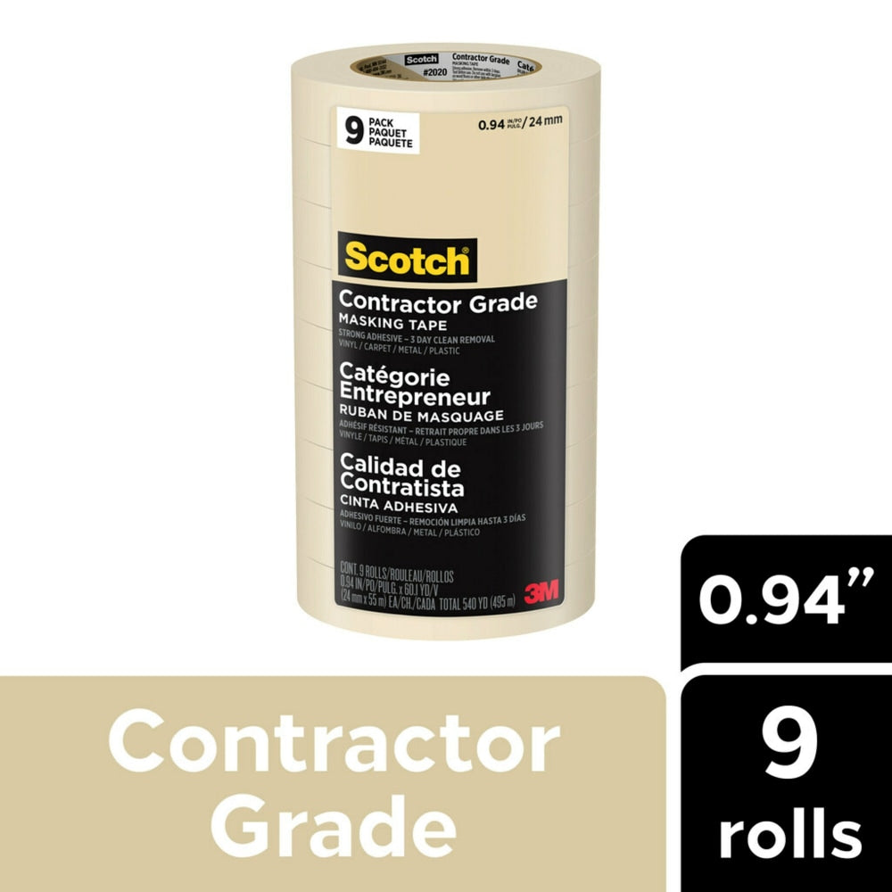 Scotch Contractor-Grade Masking Tape, Removable, 0.94in x 60.1 Yd., White, Pack Of 9 Rolls