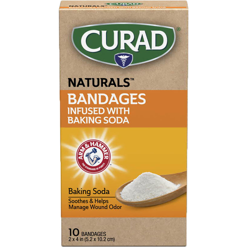 Curad Naturals Bandages Infused With Baking Soda, 4in x 4in, Beige, 10 Bandages Per Pack, Set Of 24 Packs