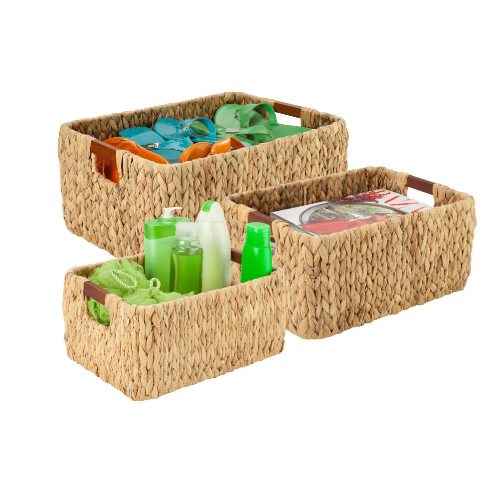 Honey-Can-Do Water Hyacinth Basket Set, Rectangle, Assorted Sizes (S, M, L), Natural/Brown, Pack Of 3