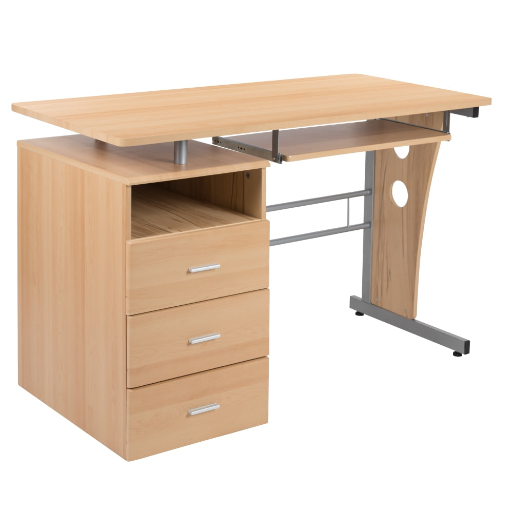 Flash Furniture 48inW Computer Desk With 3-Drawer Single Pedestal, Maple