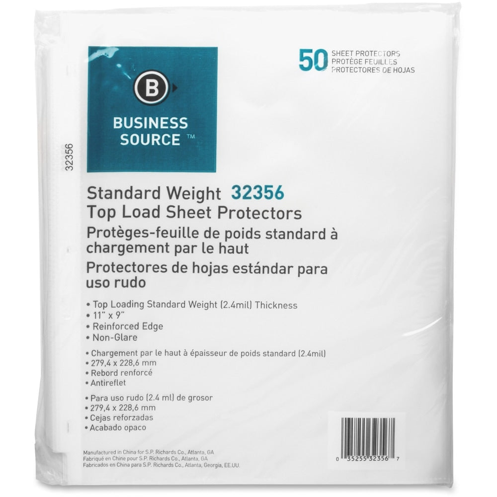 Business Source Nonglare Top-loading Sheet Protectors - 11in Height x 9in Width - 2.4 mil Thickness - For Letter 8 1/2in x 11in Sheet - Rectangular - Clear - Polypropylene - 50 / Pack