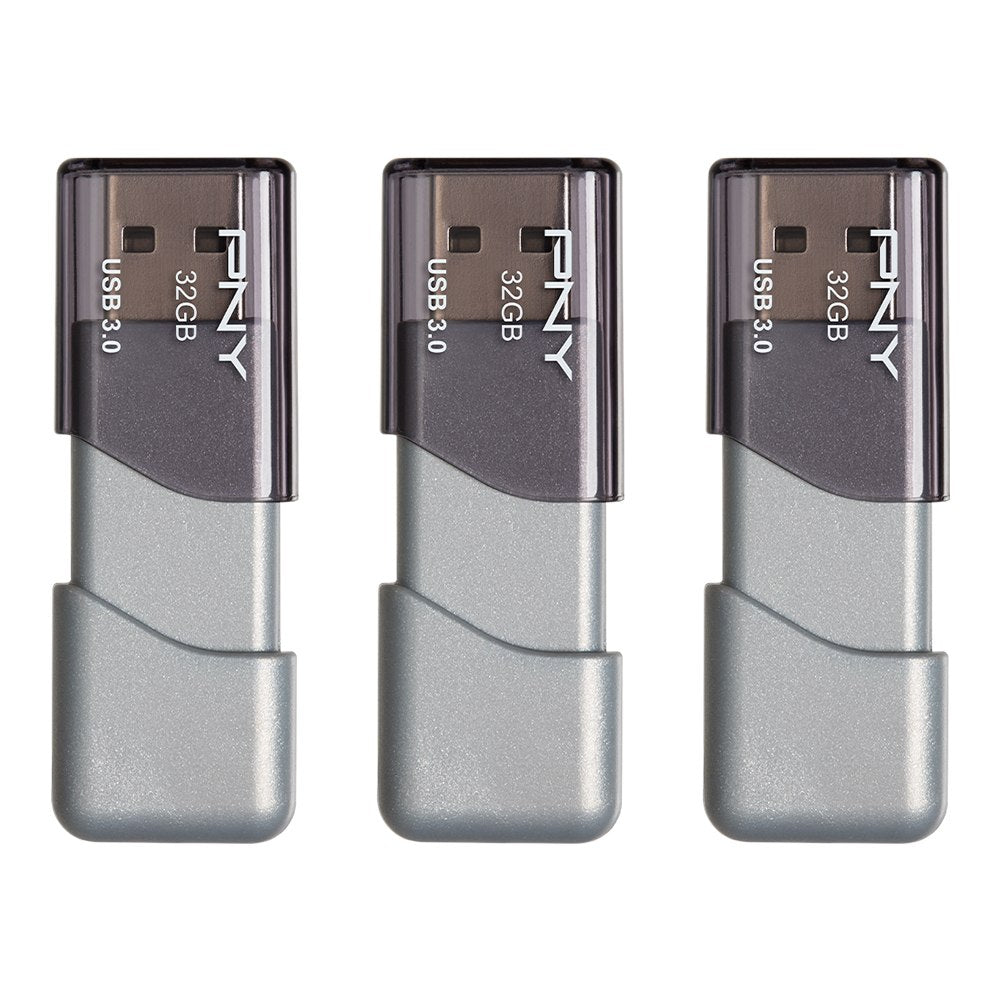 PNY Turbo Attache 3 USB 3.0 Flash Drives, 32GB, Silver, Pack Of 3 Drives