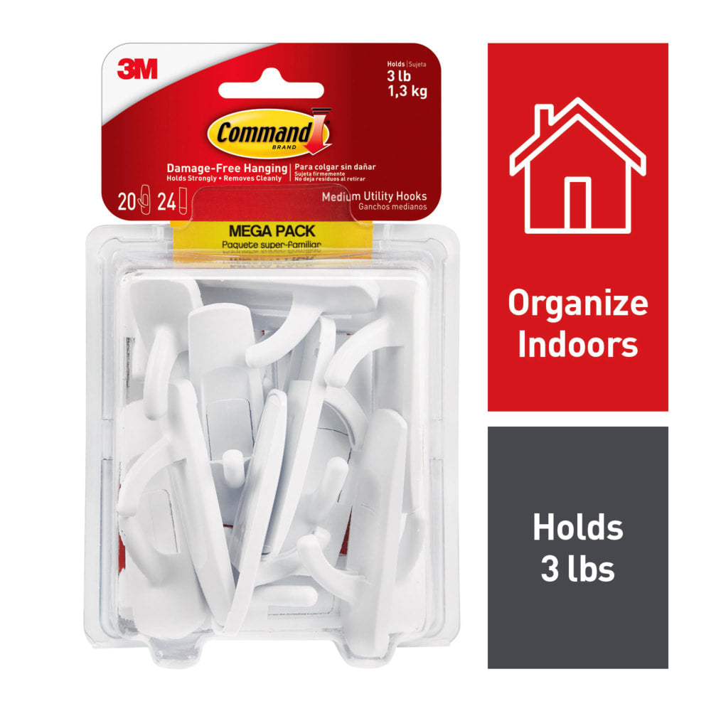 Command Medium Utility Hooks, White, 20 Command Hooks, 24 Command Strips, Damage Free Organizing of Dorm Rooms