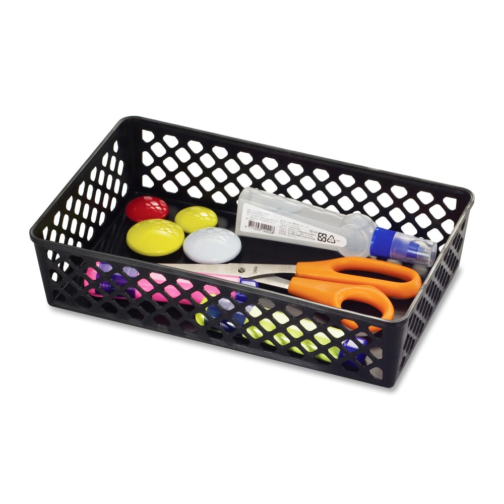 OIC Plastic Supply Baskets, Small Size, 2 3/8in x 10 1/6in x 6 1/8in, 30% Recycled, Black, Pack Of 2