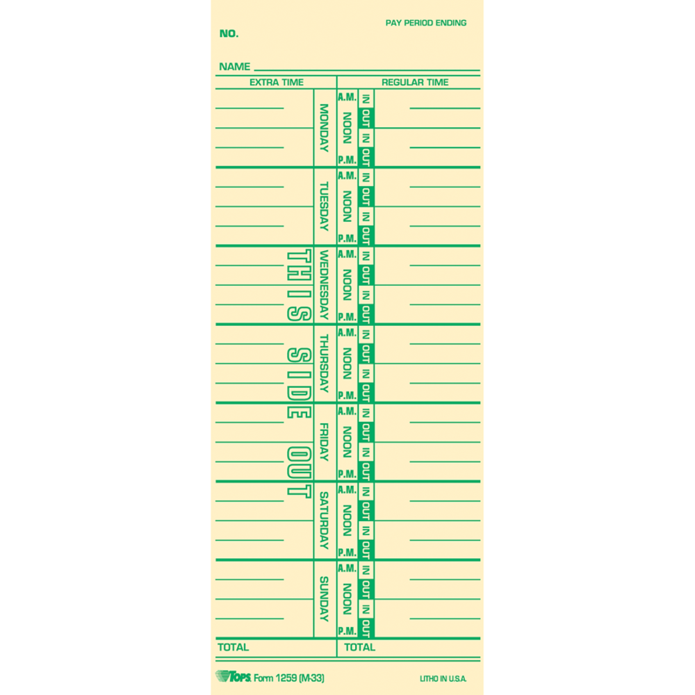 TOPS Named Days Time Cards - 3 1/2in x 9in Sheet Size - Manila Sheet(s) - Green Print Color - 100 / Pack