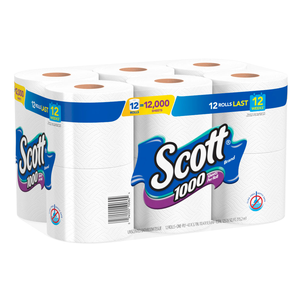 Scott 1000 Toilet Paper, 1000 Sheets Per Roll, Pack Of 12 Rolls