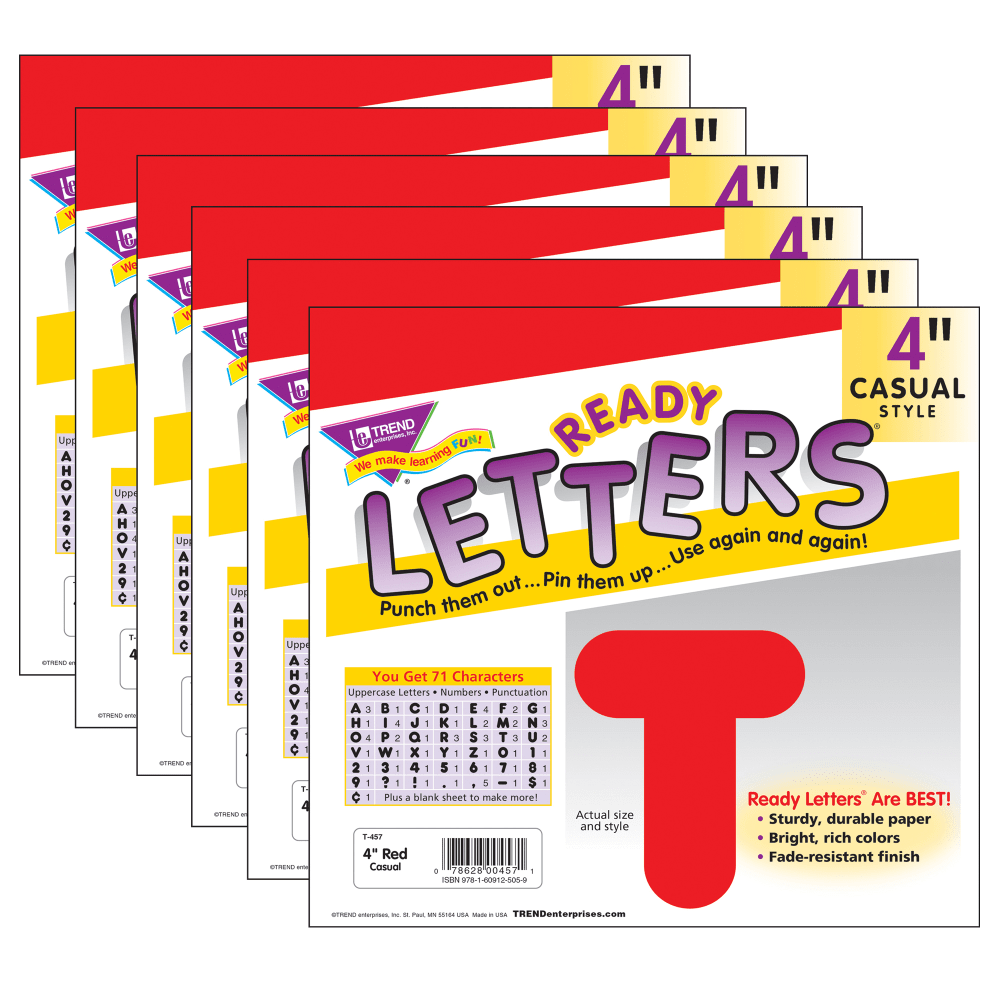 TREND Ready Letters, 4in, Casual Uppercase, Red, Set Of 6 Packs