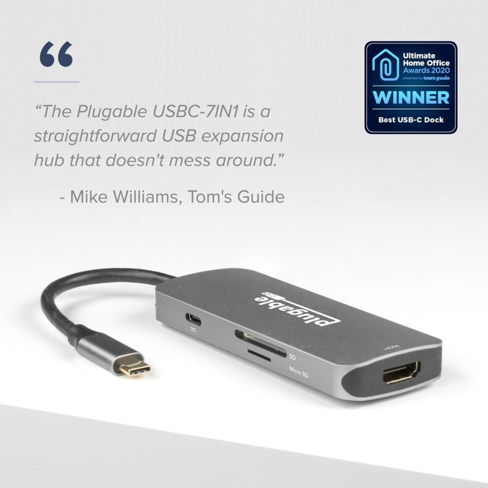 Plugable USB-C Hub 7-in-1, Compatible with Mac, Windows, Chromebook, USB4, Thunderbolt 4, and More - (4K HDMI, 3 USB 3.0, SD & microSD Card Reader, 100W Charging)