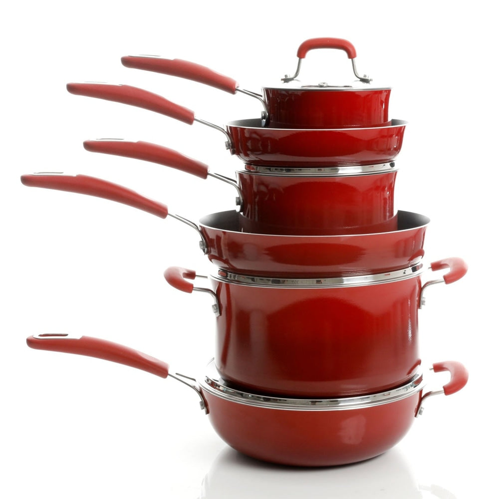 Kenmore Elite Andover 10-Piece Aluminum Cookware Set, Gradient Red