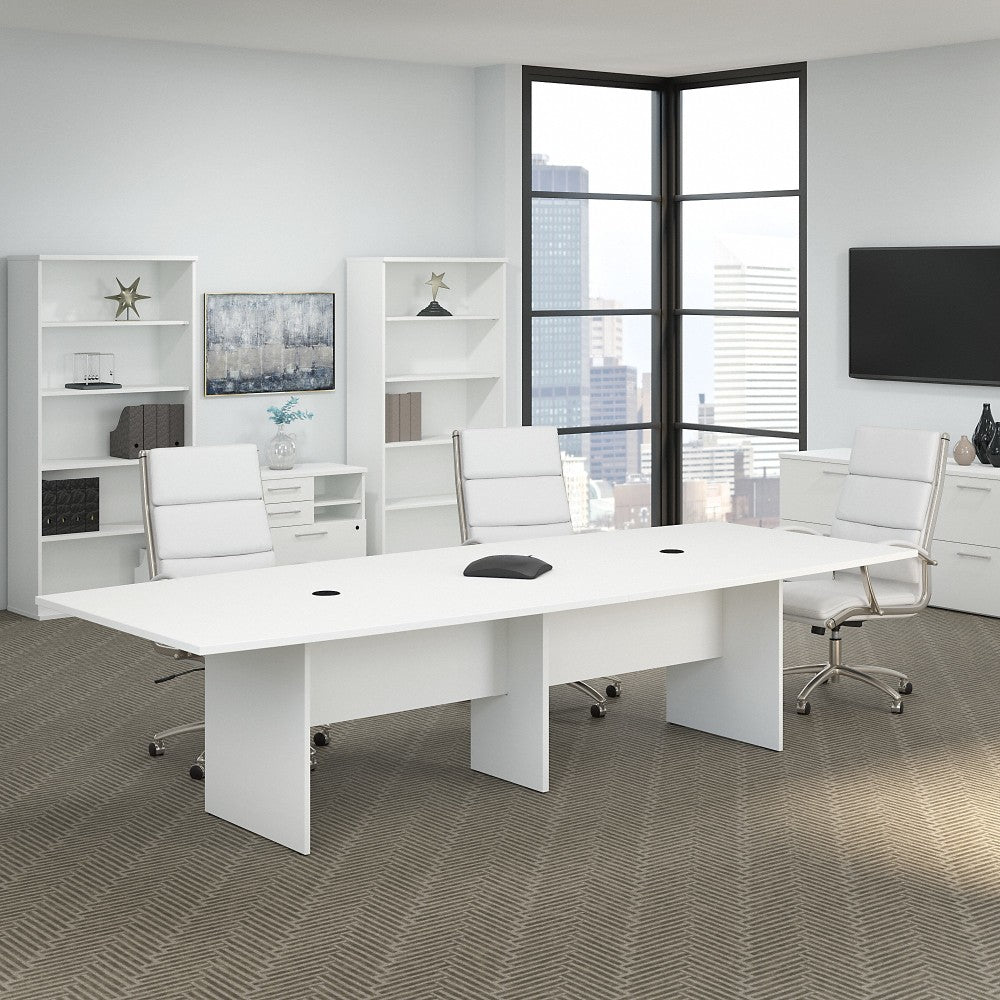 Bush Business Furniture 120inW x 48inD Boat-Shaped Conference Table With Wood Base, White, Standard Delivery