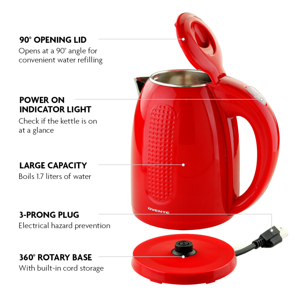 Ovente 1.7 Liter Electric Hot Water Kettle, Red