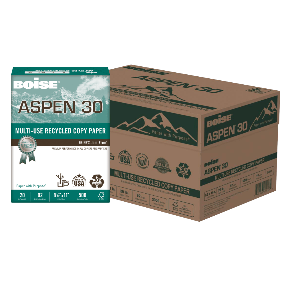 Boise ASPEN 30 Multi-Use Printer & Copy Paper, White, Letter (8.5in x 11in), 5000 Sheets Per Case, 20 Lb, 92 Brightness, 30% Recycled, FSC Certified, Case Of 10 Reams