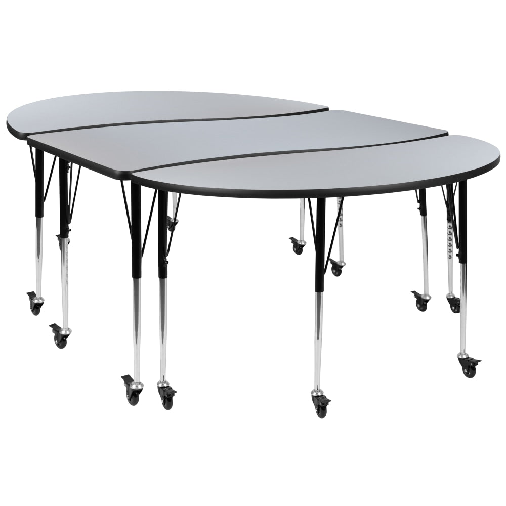 Flash Furniture Mobile Oval Wave Flexible Thermal Laminate 3-Piece Activity Table Set With Standard Height-Adjustable Legs, 30inH x 60inW x 86inD, Gray