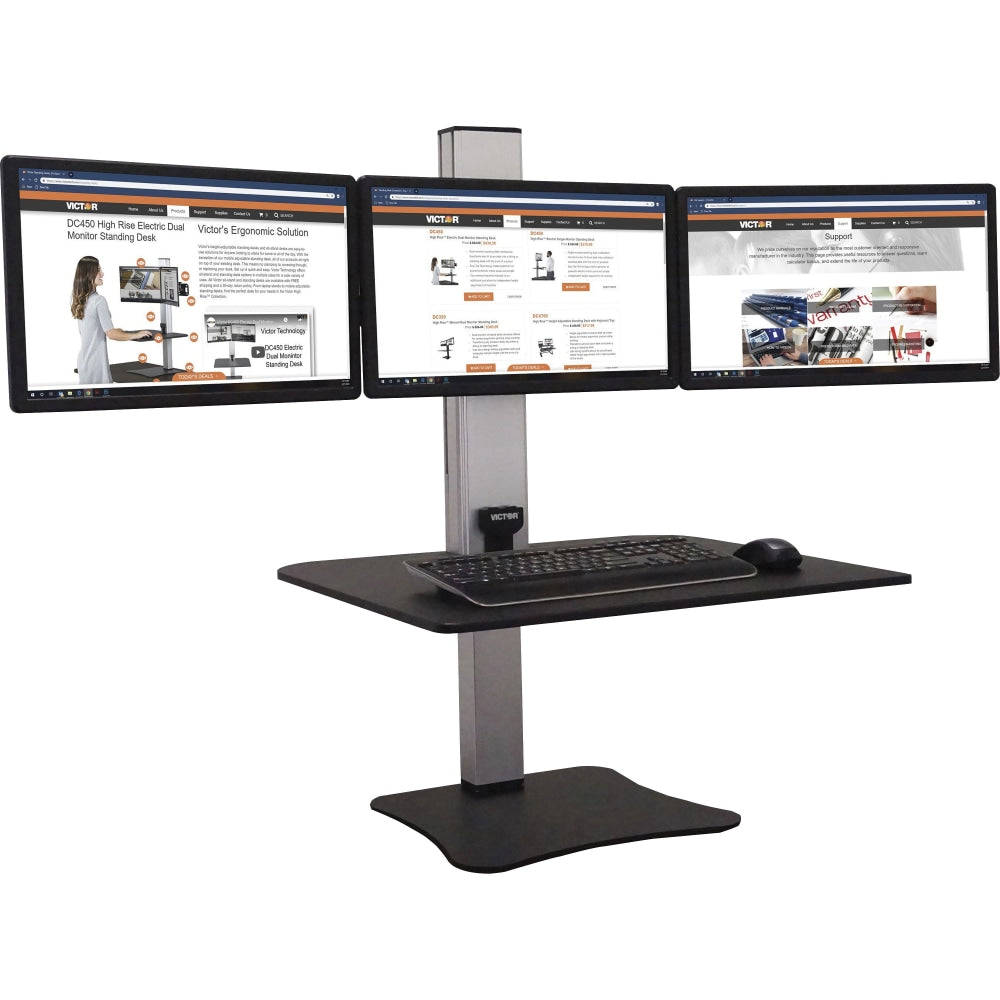 Victor High Rise Electric Triple Monitor Standing Desk - 23in to 34in Screen Support - 37.50 lb Load Capacity - 20in Height x 28in Width x 23in Depth - Desktop, Tabletop - High Pressure Laminate (HPL) - Wood, Steel, Aluminum - Black, Aluminum