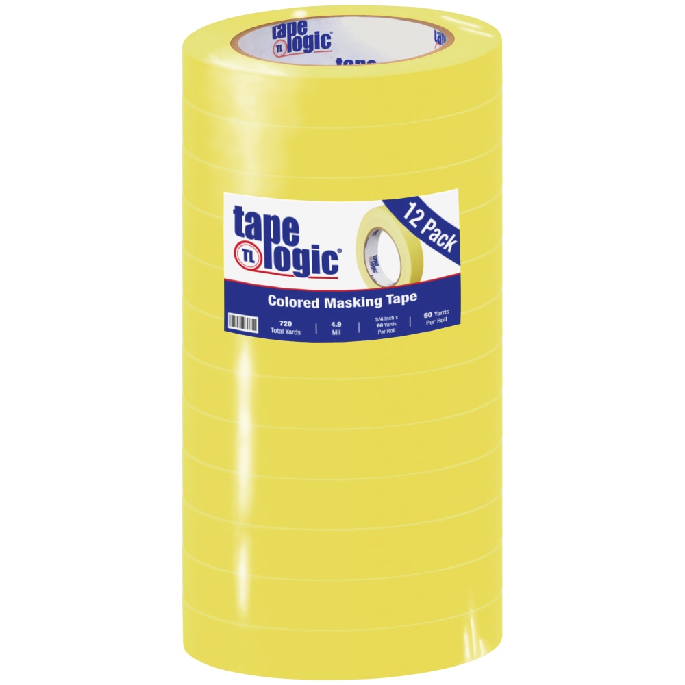 Tape Logic Color Masking Tape, 3in Core, 0.75in x 180ft, Yellow, Case Of 12