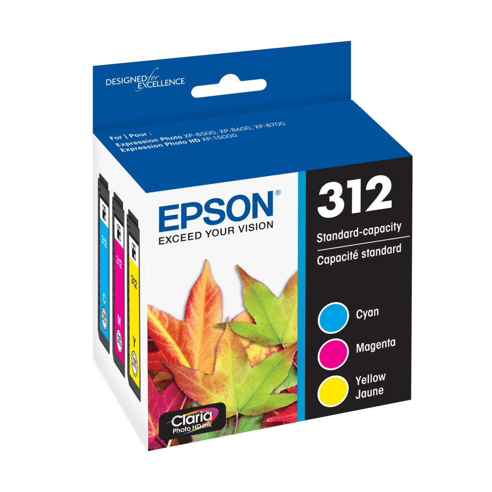 Epson 312 Claria Photo Cyan, Magenta, Yellow Ink Cartridges, Pack Of 3, T312923-S