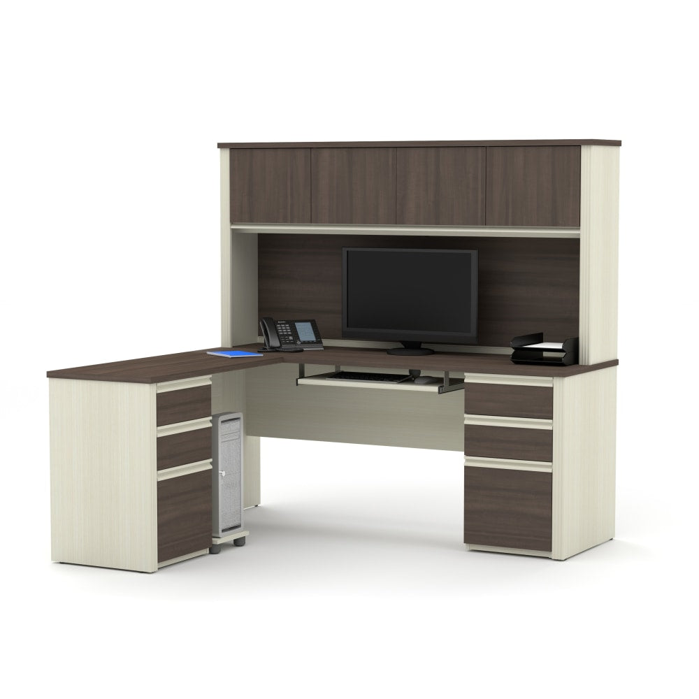 Bestar Prestige + 72inW Modern L-Shaped Corner Desk With 2 Pedestals And Hutch, White Chocolate/Antigua