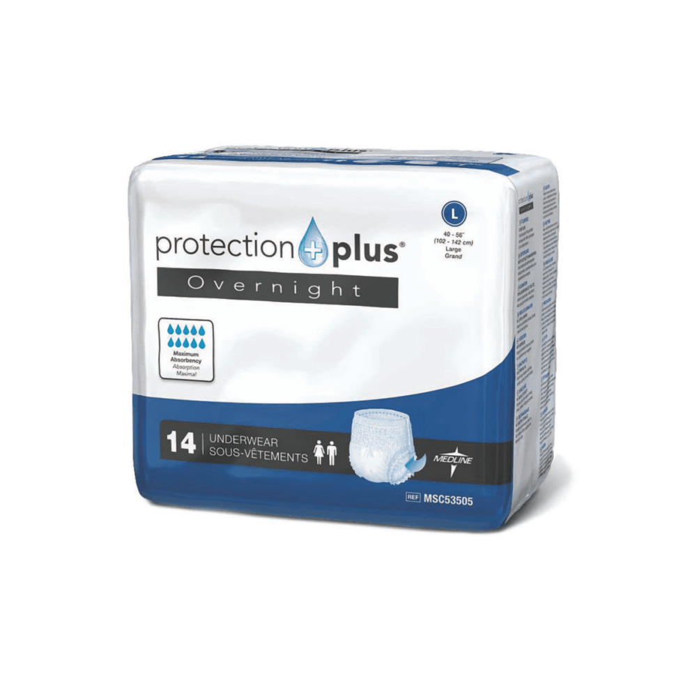 Protection Plus Overnight Protective Underwear, Large, 40 - 56in, White, Bag Of 14, Case Of 4 Bags