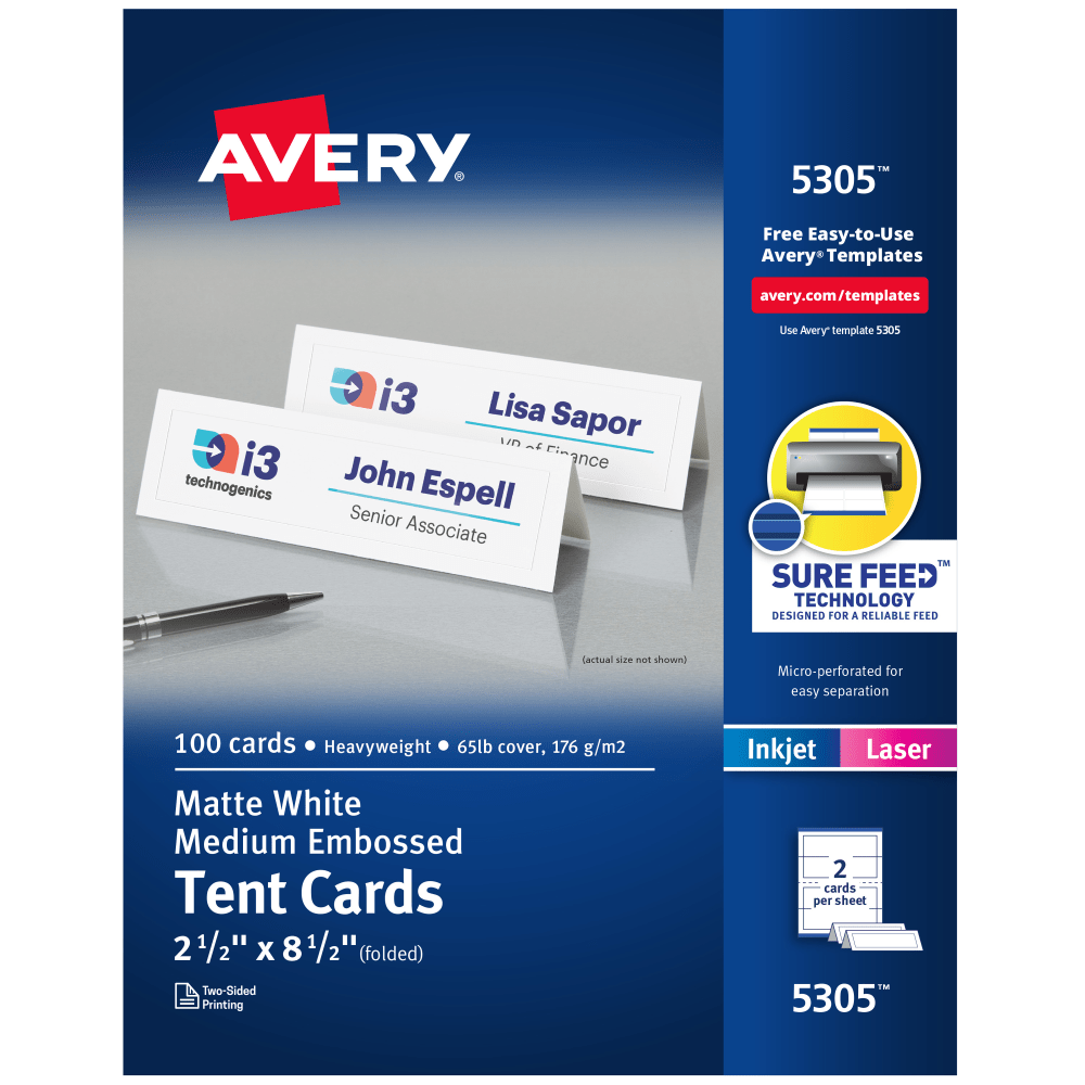 Avery Printable Tent Cards With Sure Feed Technology, 2.5in x 8.5in, White With Embossed Border, 100 Blank Place Cards