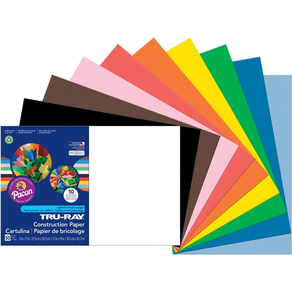 Tru-Ray Construction Paper, 50% Recycled, Assorted Colors, 12in x 18in, Pack Of 50