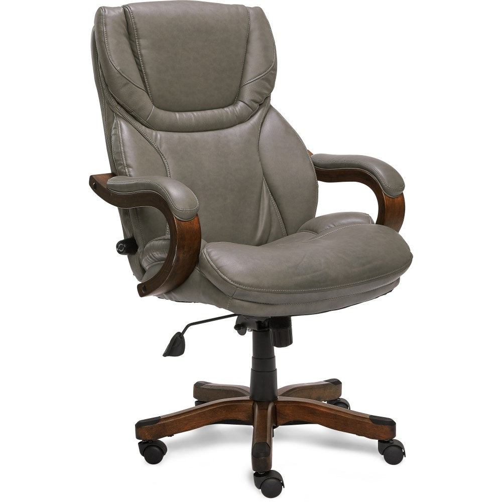 Serta Big & Tall Bonded Leather High-Back Office Chair With Wood Accents, Mindset Gray/Espresso