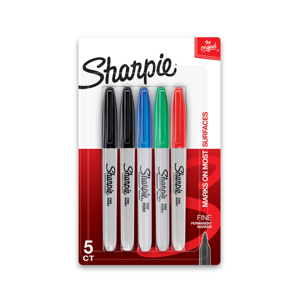 Sharpie Permanent Fine-Point Markers, Assorted Colors, Pack Of 5 Markers