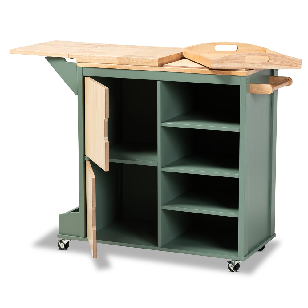 Baxton Studio Dorthy Kitchen Storage Cart, 37-3/16inH x 47-11/16inW, Dark Green/Natural