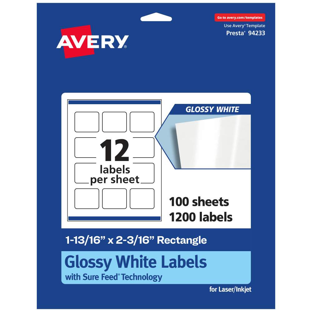 Avery Glossy Permanent Labels With Sure Feed, 94233-WGP100, Rectangle, 1-13/16in x 2-3/16in, White, Pack Of 1,200