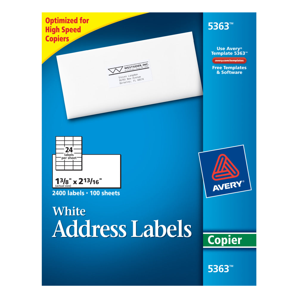 Avery Mailing Labels for Copiers - Permanent Adhesive - 1 3/8in Width x 2 13/16in Length - Rectangle - White - 2400 / Box