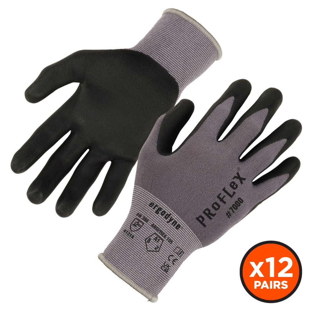 Ergodyne Proflex 7000-12PR Nitrile-Coated Gloves, Extra Small, Gray, Box Of 12 Gloves