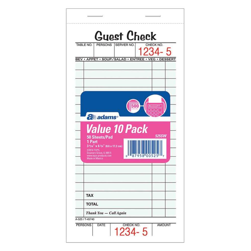 Adams Guest Check Books, 1-Part, 3 2/5in x 6 3/4in, 10 Pads Of 50 Sheets Each (500 Guest Checks Total)