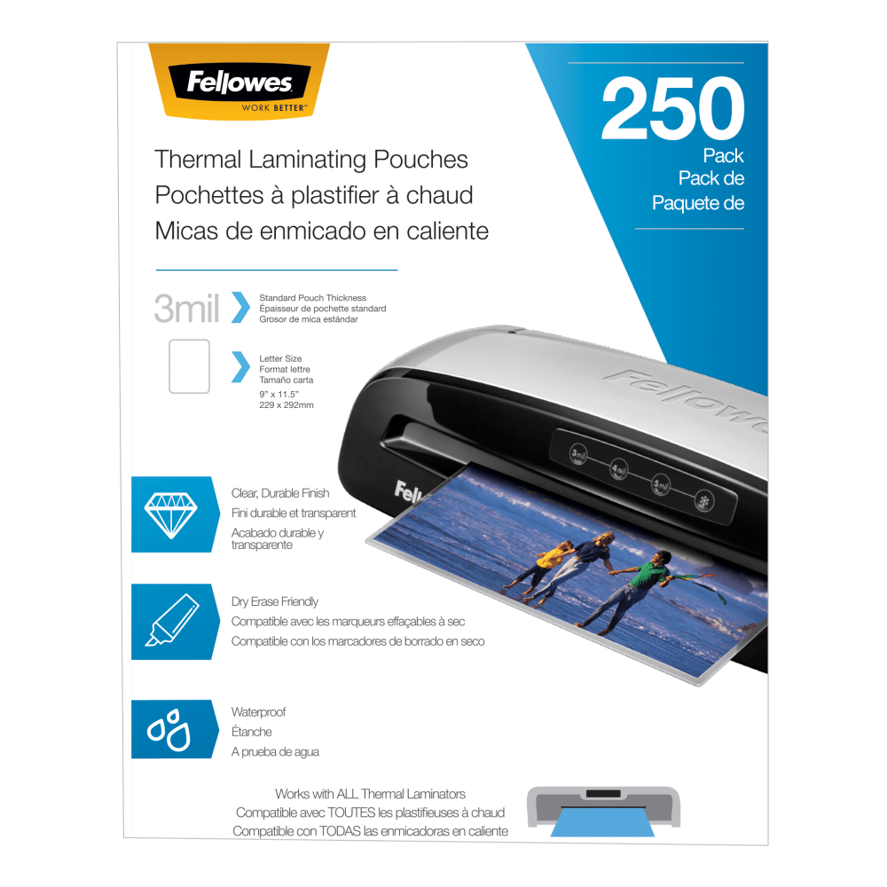 Fellowes Thermal Laminating Pouches, Letter Size, 3 Mil, 9in x 11-1/2in, Ultra-Clear, Pack of 250 Pouches