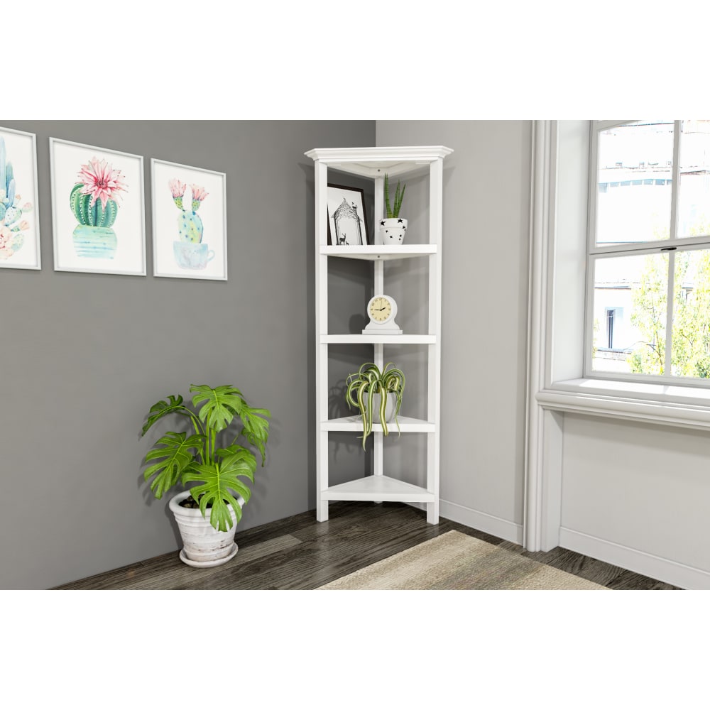 New Ridge Home Goods 60inH 5-Shelf Corner Bookcase, White