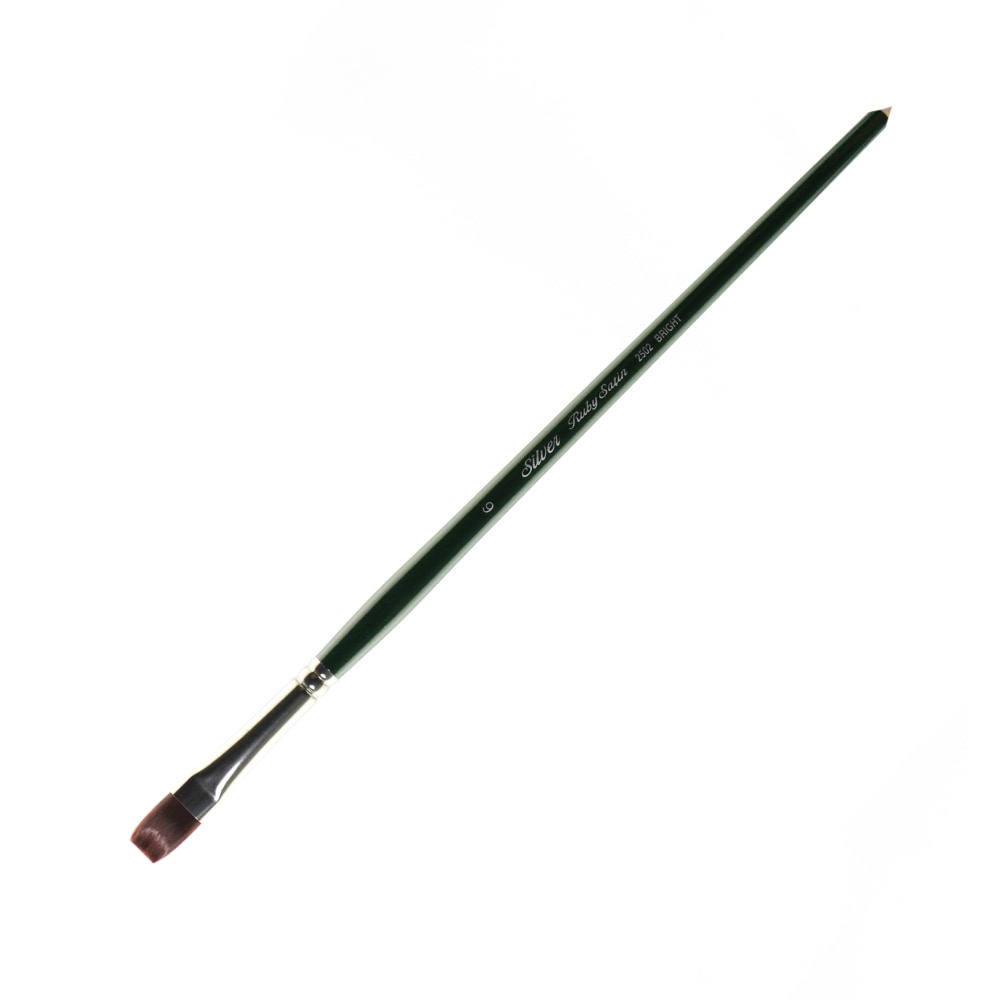 Silver Brush Ruby Satin Series Long-Handle Paint Brush 2502, Size 6, Bright Bristle, Synthetic, Green