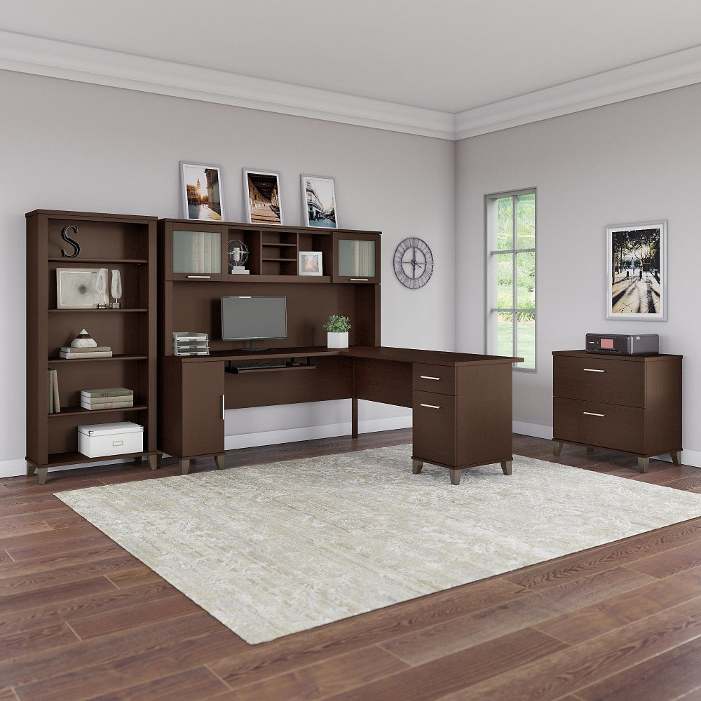 Bush Furniture Somerset 72inW L Shaped Desk With Hutch, Lateral File Cabinet And Bookcase, Mocha Cherry, Standard Delivery