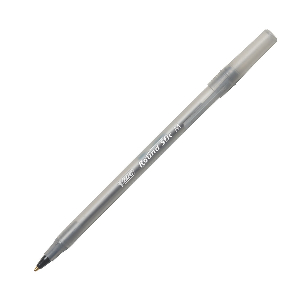 BIC Round Stic Ballpoint Pens, Medium Point, 1.0 mm, Translucent Barrel, Black Ink, Pack Of 12