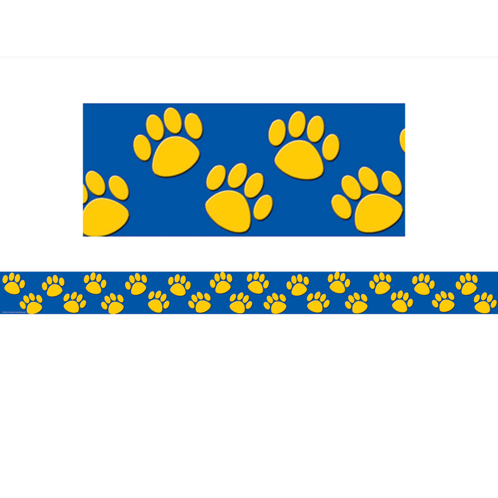 Teacher Created Resources Straight Border Trim, 3in x 35in, Blue/Gold Paw Prints, 12 Pieces Per Pack, Set Of 6 Packs