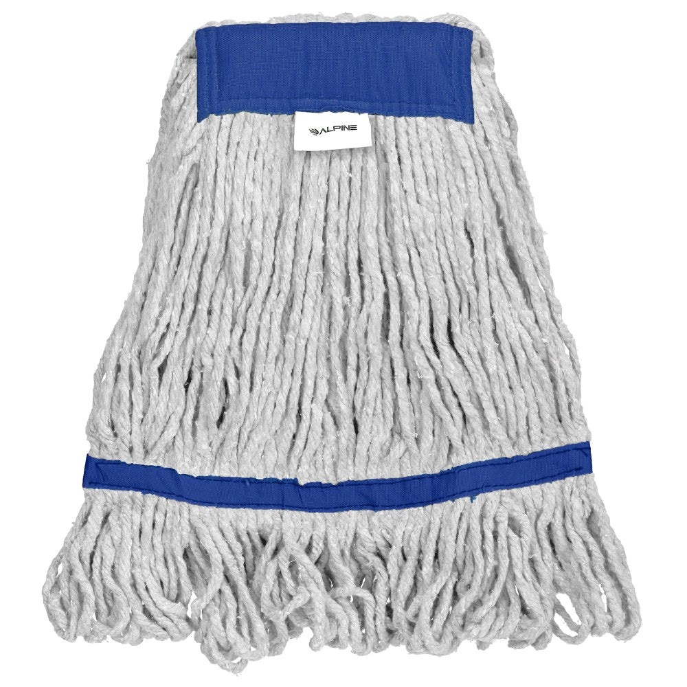 Alpine Industries Cotton Loop-End Mop Heads With 5in Head And Tail Bands, 32 Oz, White/Blue, Set Of 12 Heads