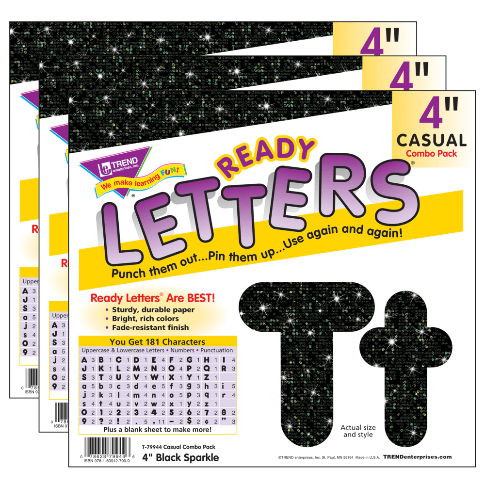 Trend Ready Letters, 4in, Black Sparkle, Set Of 3 Packs