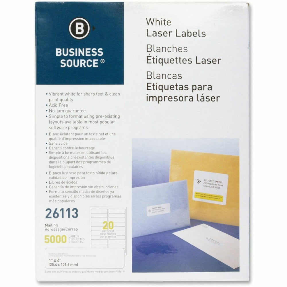 Business Source Bright White Premium-quality Address Labels - 1in Width x 4in Length - Permanent Adhesive - Rectangle - Laser, Inkjet - White - 20 / Sheet - 250 Total Sheets - 5000 / Pack - Lignin-free, Jam-free